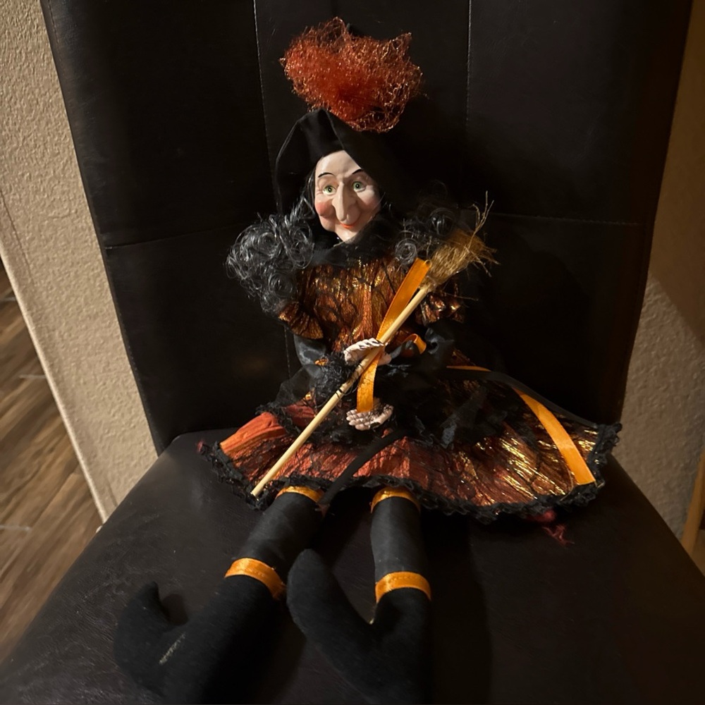 Festive Witch Doll with Orange and Black Outfit, Sits